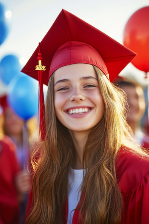 Joyful Graduate Beams in Cap and Gown, Celebrating with Friends at Graduation Ceremonyの素材