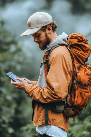 Young Male Hiker Using Navigation App On Smartphone, Exploring Mountain Trails with Technology.の素材