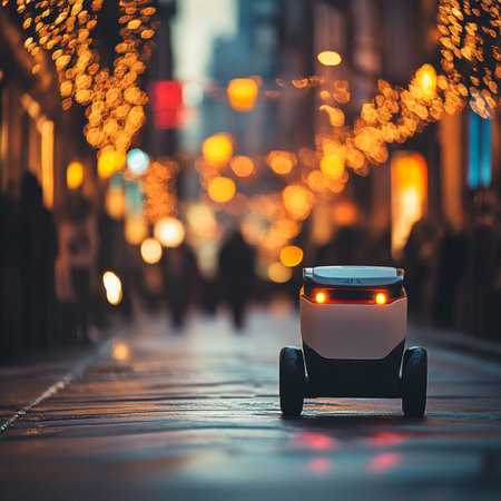 Autonomous Delivery Robot on Evening City Street Decorated with Festive Lights for the Holidaysの素材