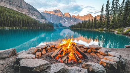 Campfire by Blue Mountain Lake , Evening by Tranquil Lake, Relaxation and Outdoor Adventureの素材