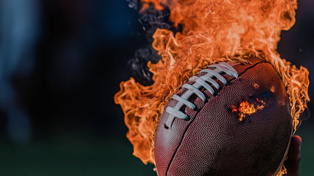Fiery Football Explosion Burning pigskin engulfed in flames against a dark backgroundの素材