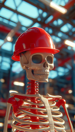 Skeleton Construction Worker in Red Hard Hat on Blurred Background, Construction Site Safety Conceptの素材