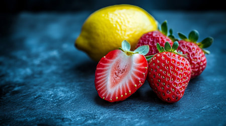 Vibrant Springtime Bounty A Juicy Lemon and Ripe Strawberries Rest on a Dark, Textured Background.の素材