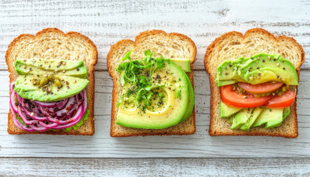 Three Avocado Toast Variations, Healthy Vegan Breakfast or Brunch on White Backgroundの素材