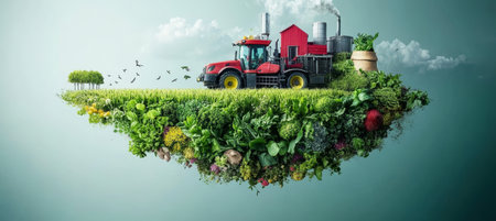 Dynamic arrangement of farm equipment and natural ingredients in a vivid agricultural settingの素材