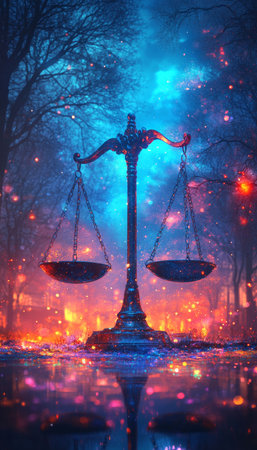 Scales Of Justice In Enchanted Fairy Tale Forest, Abstract Legal Concept, Vibrant Colorsの素材