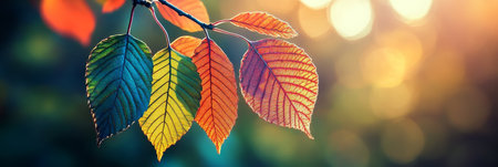 Colorful Autumn Leaves on the Branch, Backlit by Golden Sunlight on a Blurry Backgroundの素材