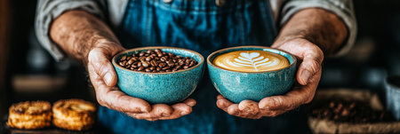 Barista Holds Offering of Freshly Roasted Beans and Steamed Latte Art in Rustic Settingの素材