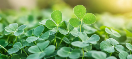 Field Of Vibrant Green Shamrock Clover Close-Up With Selective Focus, Nature Background Textureの素材