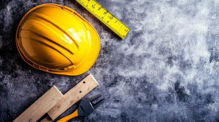 Construction Tools And Safety Helmet on Grunge Background, Building And Renovation Concept.の素材