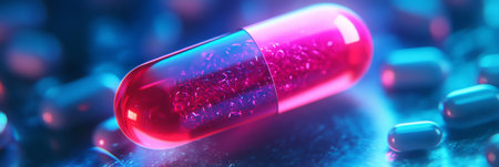 Macro Photo Of A Purple Capsule Surrounded by Defocused Tablets In Blue Red Flashing Lightsの素材