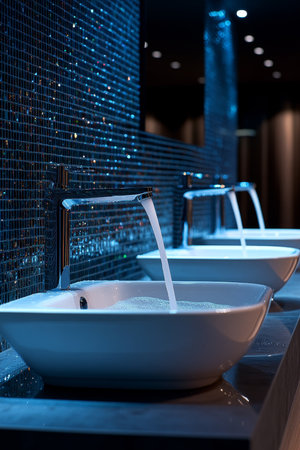 Luxury Spa Bathroom Detail Gleaming chrome faucets with cascading water, elegant design. Text Areaの素材