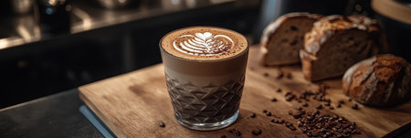 Artisanal Coffee Latte Art with Geometric Glass, Surrounded by Fresh Bread and Coffee Beansの素材