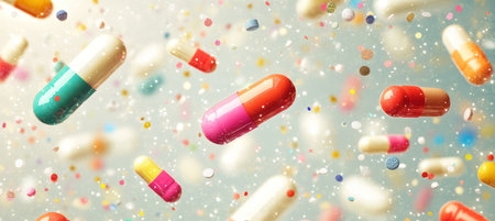 Pharmaceutical Background With Dynamic Arrangement Of Colorful Capsules And Pills, Soft Focus Effectの素材