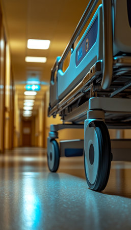 Empty Hospital Hallway, Medical Transportation Equipment in Focus, Healthcare Conceptの素材