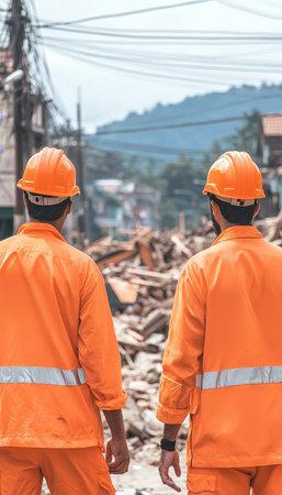 Emergency Response Team Assessing Damage, Providing Relief Following Earthquake Devastation.の素材