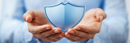 Protective Shield Symbol Held In Cupped Hands, Representing Security, Trust, And Insuranceの素材