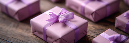 Gift Boxes with Purple Ribbons, Romantic Gift Giving for Weddings, Birthdays Celebrationsの素材