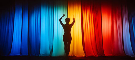 Silhouette of a Person Celebrating with Arms Raised Against a Vibrant Rainbow Curtain Backgroundの素材