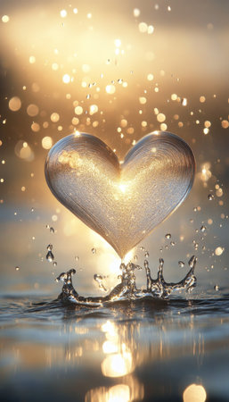 Glittering Heart of Water Golden Sunset Reflection With Copy Space, Love and Romance Backgroundの素材