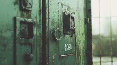 Close Up, Weathered Green Metal Panel, Marked with 2026, Surreal and Isolated with Bokeh Background.の素材