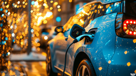 Electric Car Charging on Snowy City Street with Blurry Festive Holiday Bokeh Lights in Backgroundの素材