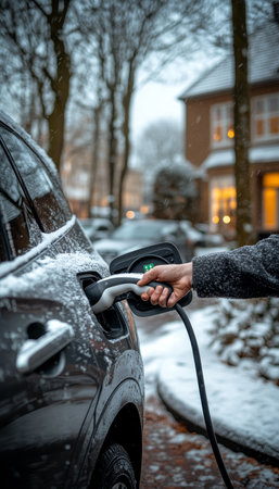 Electric Vehicle Charging on Snowy Winter Residential Street, Close Up on Hand Holding Cableの素材