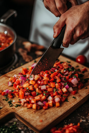 Close Up of Chef Chopping Colorful, Fresh Vegetables for Healthy Soup on Rustic Cutting Boardの素材