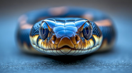 Close-Up Portrait of a Vibrant Snake Captivating Blue Scales, Shimmering Orange Bands.の素材