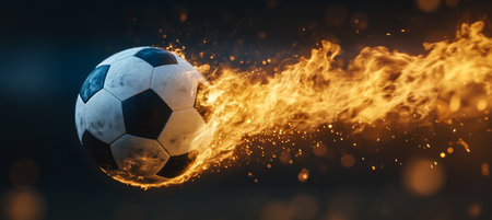 Fiery Football Kick A Traditional Black and White Soccer Ball Engulfed in Flames, Motion Blurの素材