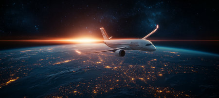 Modern Passenger Airplane Flying Above Earths Atmosphere At Night, Showcasing Futuristic Air Travelの素材