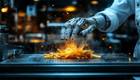 Robot Chef Prepares French Fries on a Griddle With Sparks in Futuristic Kitchen Settingの素材