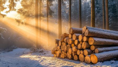 Winter Logging Golden Sunlight Illuminates a Pile of Freshly Cut Logs in a Snowy Forestの素材