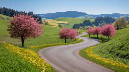 Winding Country Road with Blooming Cherry Trees and Green Hills, Spring Rural Landscapeの素材