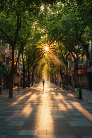 Sunrays Burst Through Trees on City Street, Creating a Radiant Path for a Lone Cyclist.の素材