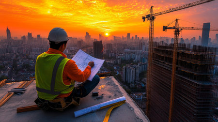 Construction worker reviews blueprints on a high-rise building site, with cranes and city skyline.の素材