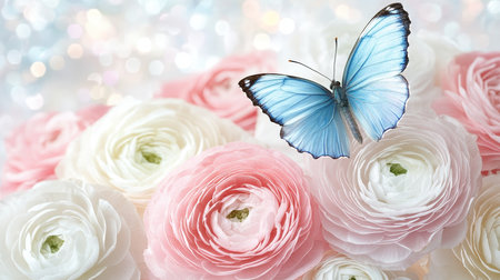 Glowing Blue Butterfly Perched on a Delicate Pink flower A Bokeh Romantic Floral Backgroundの素材