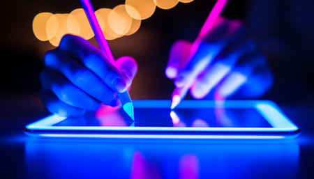 Close-Up of Hands Creatively Drawing on Illuminated Tablet with Stylish Styluses in the Darkの素材