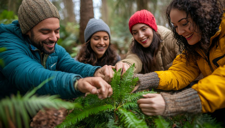 Team Building Exercise Colleagues Connect with Nature, Cultivating Teamwork and Camaraderieの素材