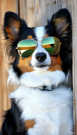 Canine Cool Close-up of a Dog in Mirrored Aviator Sunglasses with a Rustic Wooden Backgroundの素材