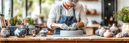 Skilled Senior Woman Shaping Clay on Pottery Wheel in Workshop Surrounded by Handcrafted Ceramicsの素材