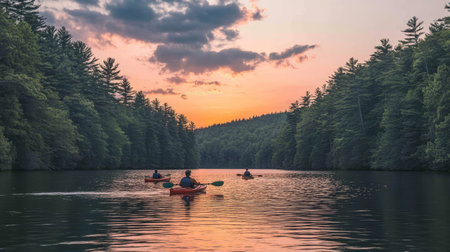 Sunset Kayaking Adventure Silhouettes Enjoying a Tranquil Lake, Reflections in the Waterの素材