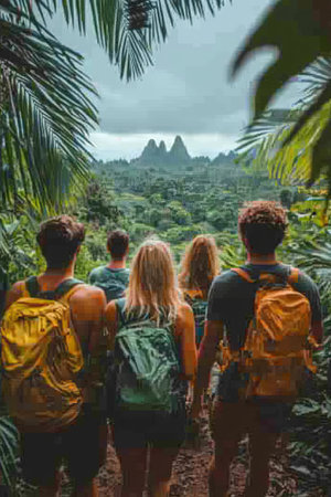 Group of Friends Embracing Nature s Beauty Hiking Adventure on a Scenic Mountain Trailの素材