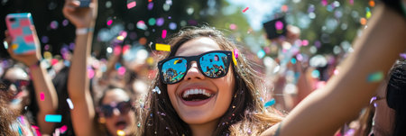 Exhilarated Crowd Celebrates at a Vibrant Outdoor Music Festival, Radiating Joyful Energyの素材