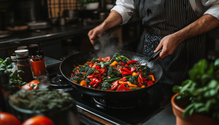 Chef Sizzling Colorful Stir Fry Vegetables, Broccoli, and Peppers in a Hot Pan on Stove.の素材