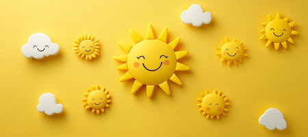 Happy Sunshine Background Cute Sun and Clouds on Yellow Backdrop, Ideal for Summer Promotionsの素材