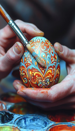 Hands Close Up, Intricately Painting a Detailed Easter Egg With Traditional Art Supplies Nearby.の素材