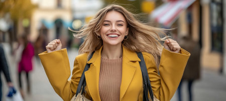 Stylish young woman wearing trendy autumn clothes with bags smiles and enjoys city life.の素材