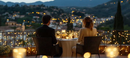 Romantic Dinner On A Rooftop Terrace With Twinkling City Lights In A Scenic Mountain Backgroundの素材