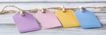 Four Blank Pastel Gift Tags Hanging On String, Rustic White Wood Background, Retail Sale Conceptの素材